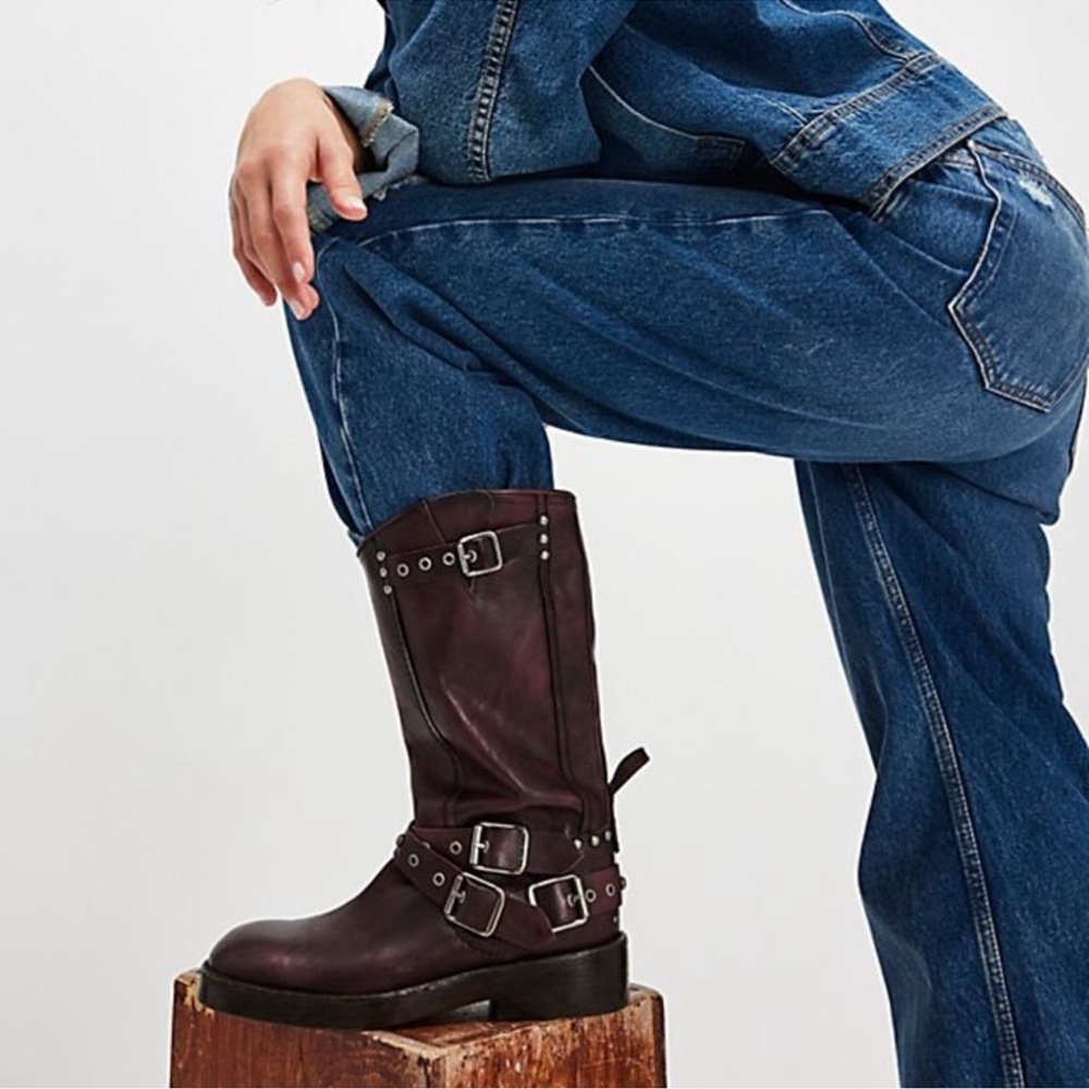 Free People Women's Dark Burgundy Moto Combat Boots